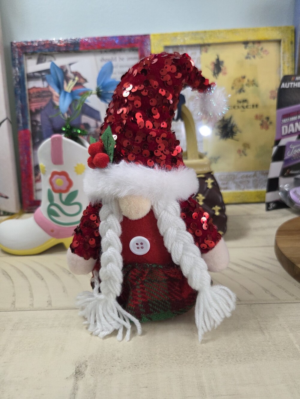 Red Sequin Gnome Holiday Decoration with White Braids, NWOT